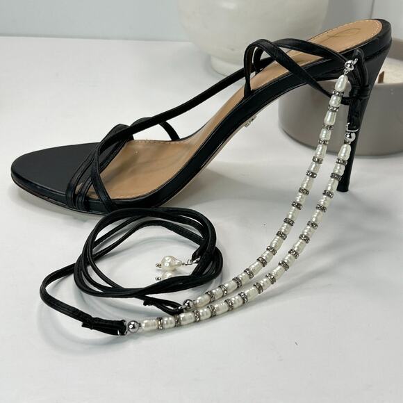 Sam Edelman Scarlette Leather Beaded Ankle Wrap Heels Black/Pearl Women's 9 M - Picture 2 of 14